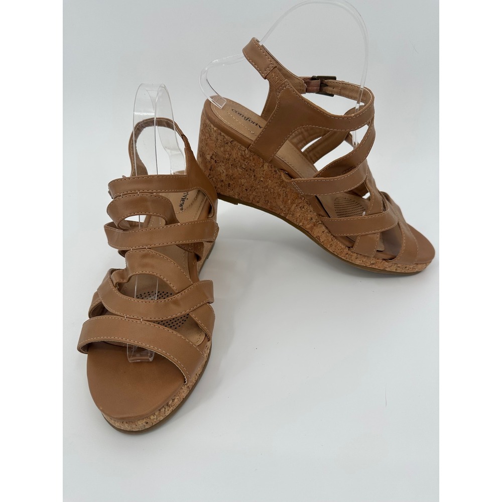 Comfortview Wedge Sandals Cork Heel Strappy Casual‎ Tan Size 9W
